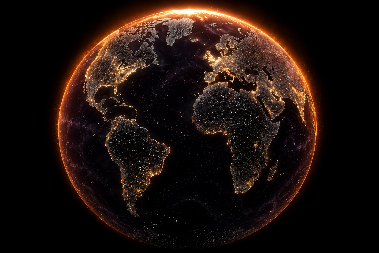 Globo digital de pontos luminosos com um halo laranja